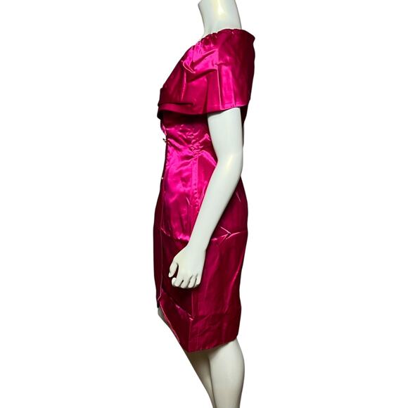 Vintage Tadashi Hot Pink Satin Cocktail Dress Off-Shoulder Gold Buttons Size 10 - Picture 2 of 8